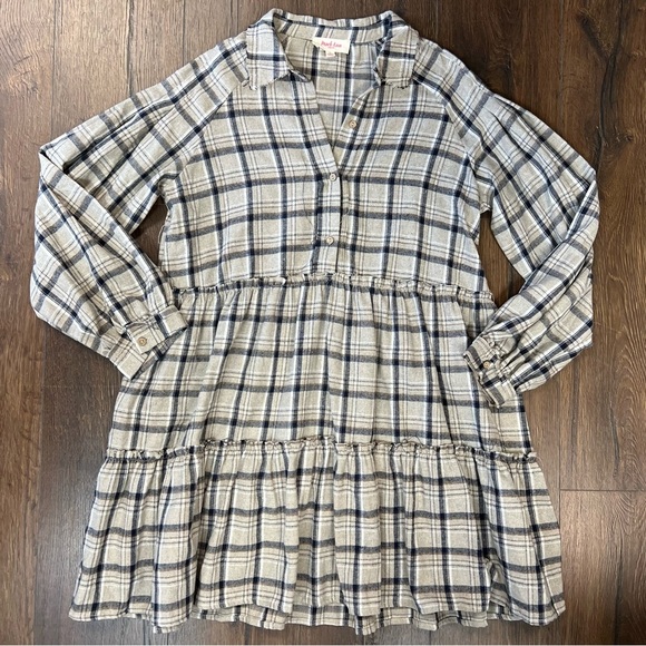 Peach Love California Tan Plaid Tiered Dress SZ LG - Picture 1 of 4